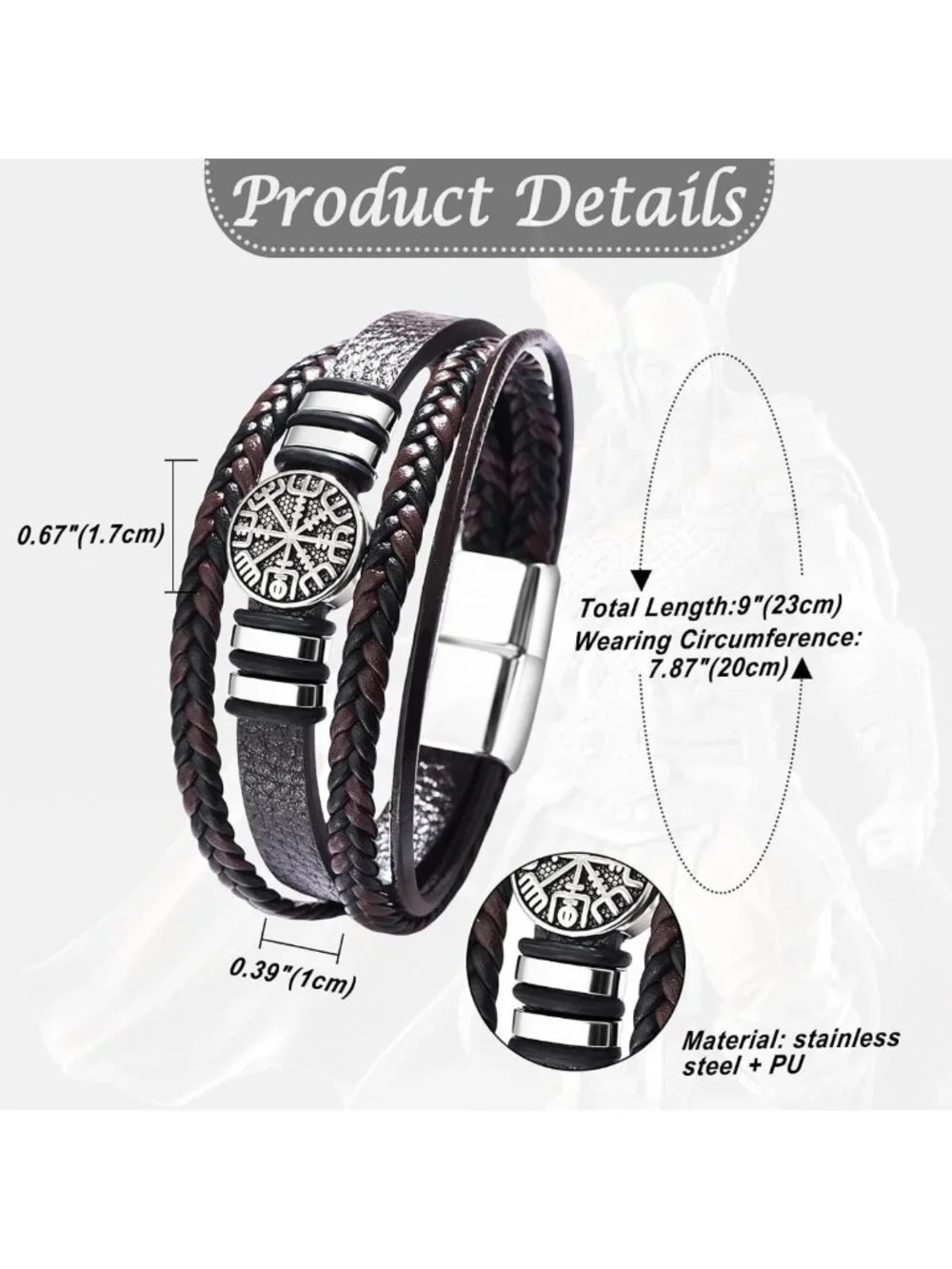 Norse Rune Leather Bracelet for Men | Braided PU Rope Cuff, Viking Jewelry Gift